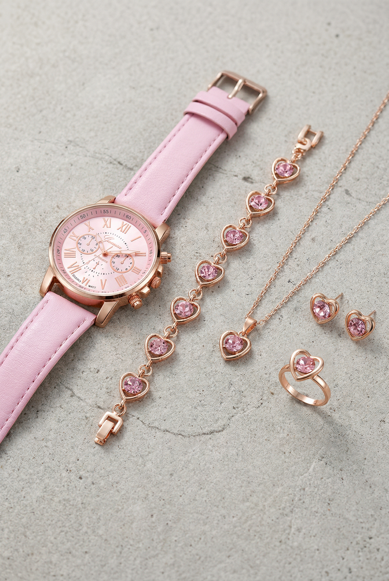 BREDA – Roman Dial Leather Watch & Rhinestone Jewellery Set – 091