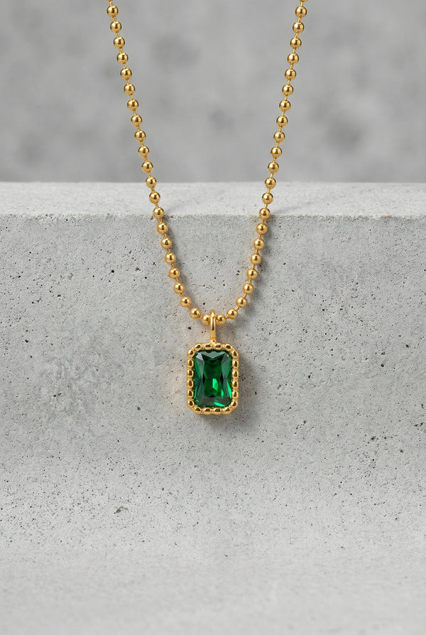 PORTO – Gold Plated Emerald Rectangle Pendant Necklace – 044