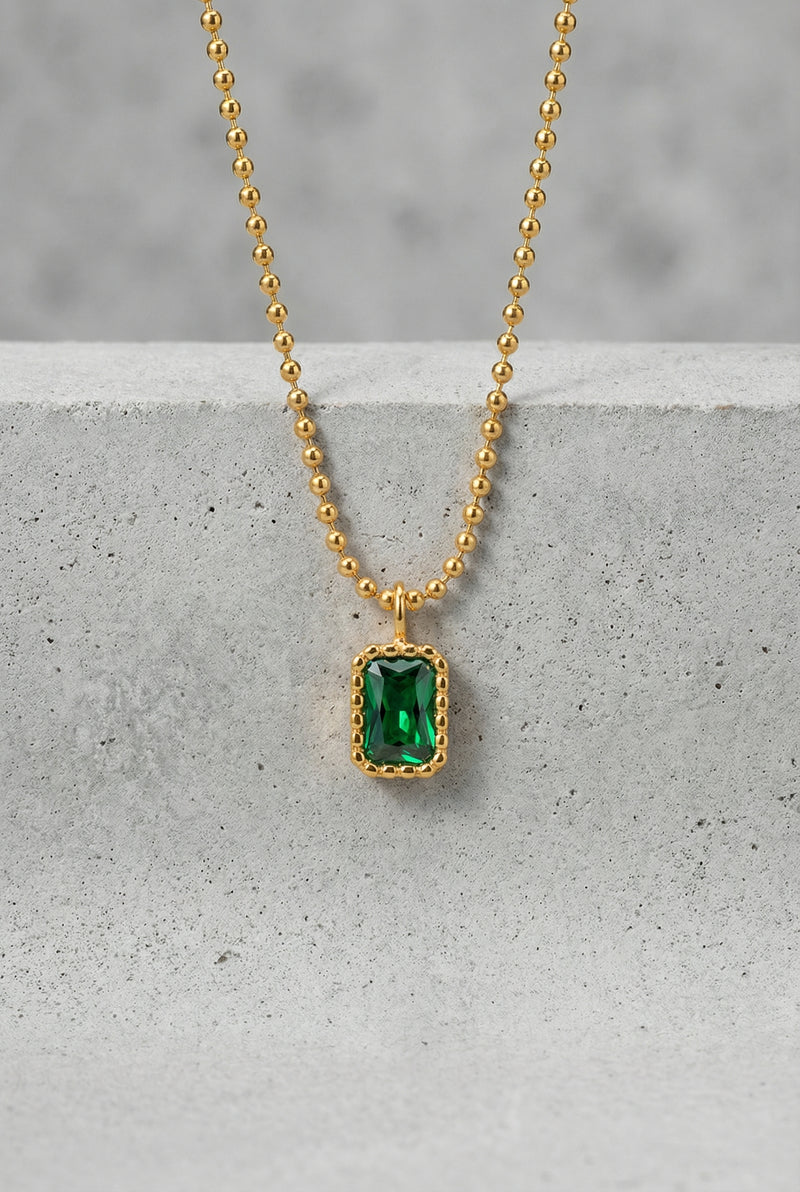 PORTO – Gold Plated Emerald Rectangle Pendant Necklace – 044